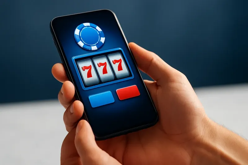 Hands holding smartphone with casino app on white marble surface
