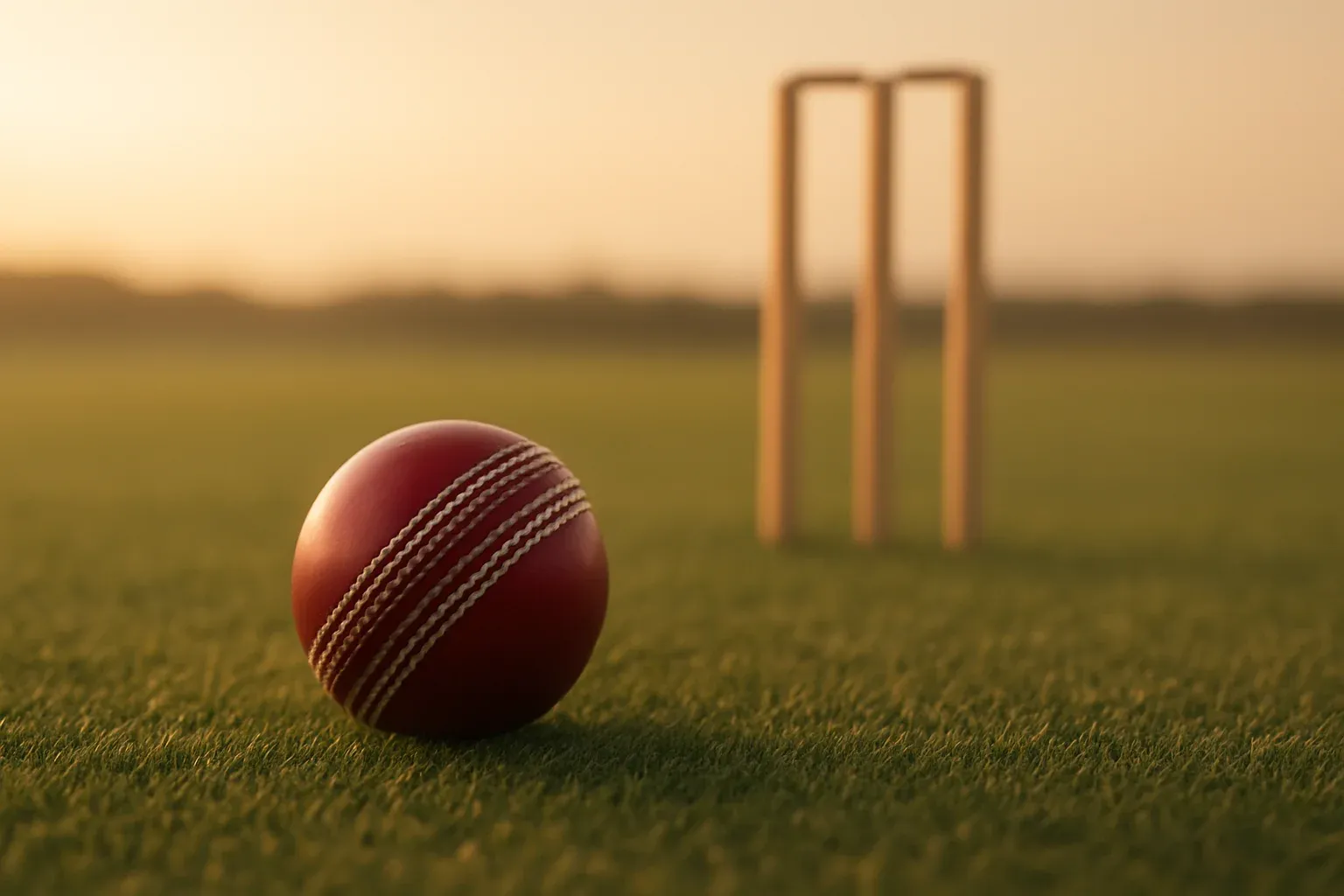 Red cricket ball on mown grass with stumps at dusk