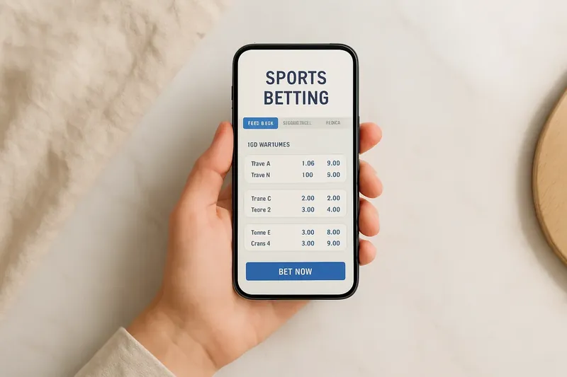 Hand holding smartphone showing sports betting odds on marble surface