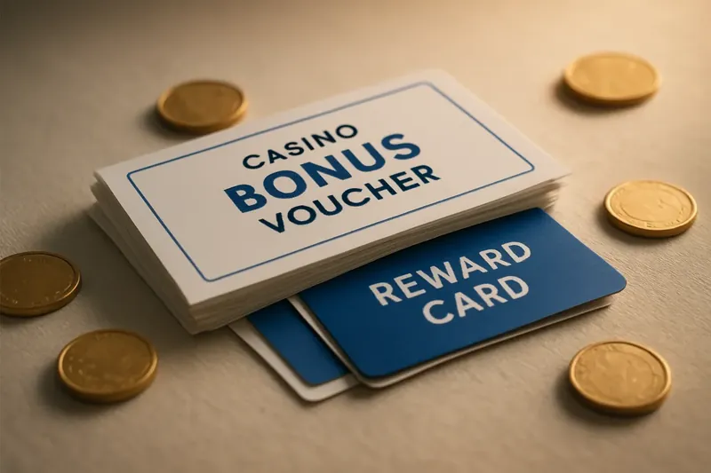 Stack of casino bonus vouchers and reward cards with scattered gold coins