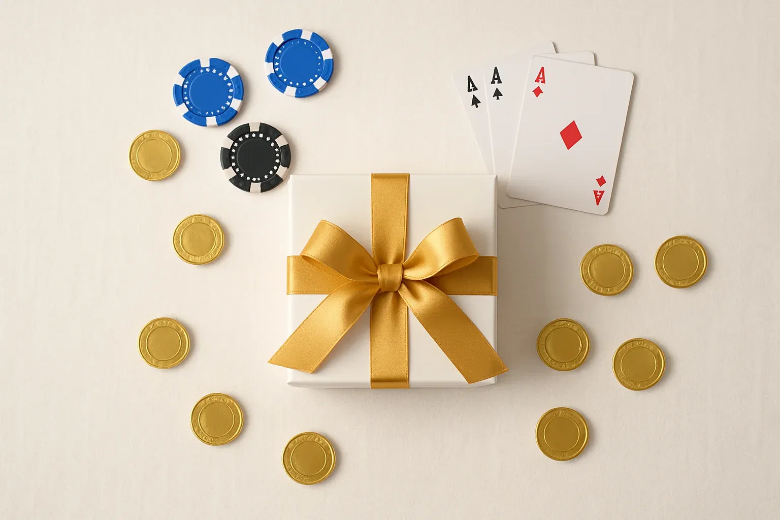 Premium gift box with casino chips, cards, and gold coins