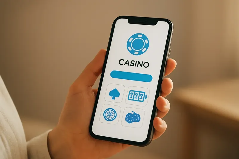 Hand holding smartphone showing clean light-themed casino app interface