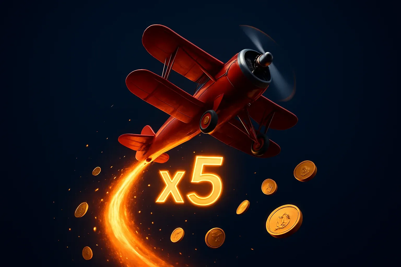Aviator Crash Scene Red airplane climbing with glowing multiplier trail, coins, and sparks