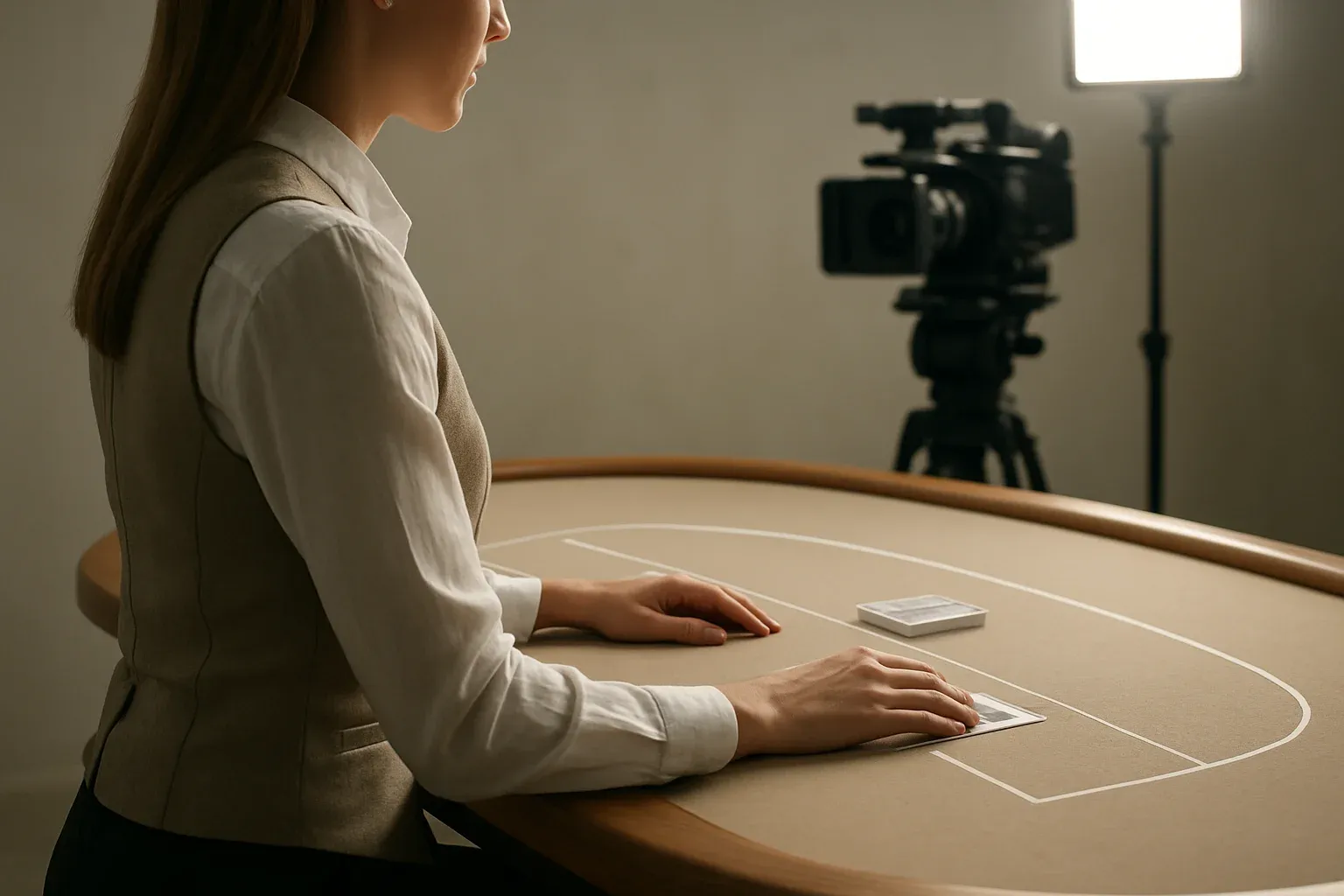 Professional blackjack dealer in live casino studio with camera rig