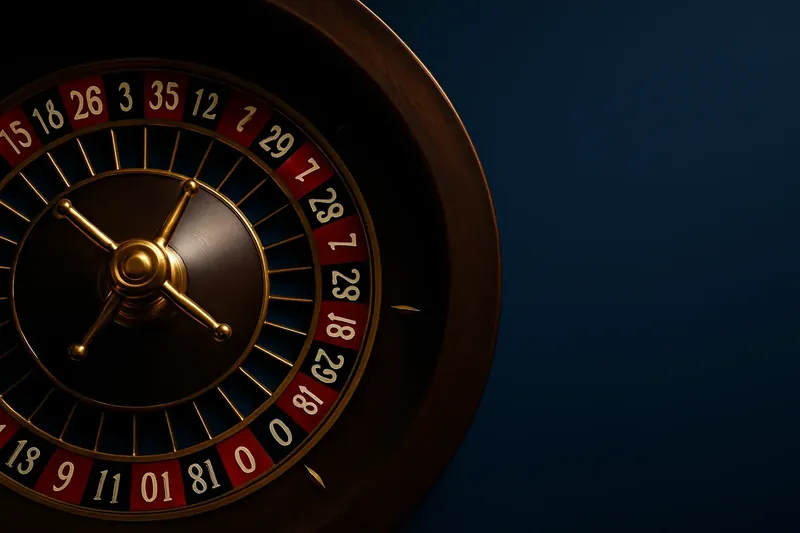 Close-up overhead roulette wheel center with gold accents and warm lighting