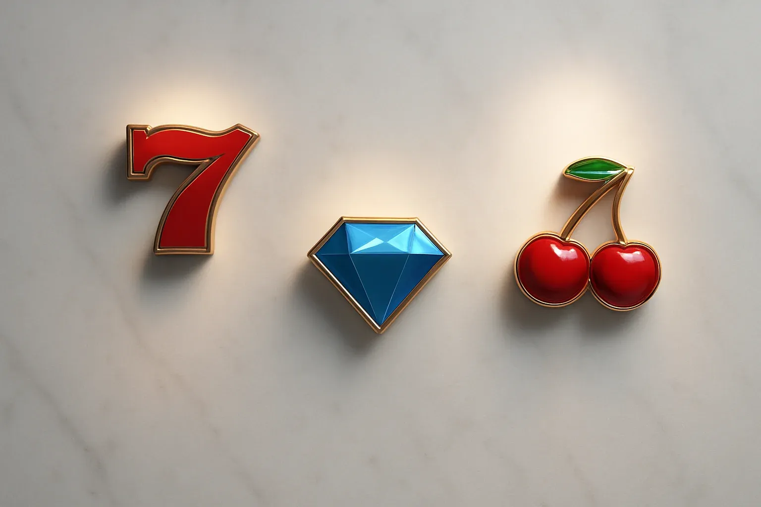 Slot Symbols Flat Lay Three polished slot symbols on white marble with warm spotlights